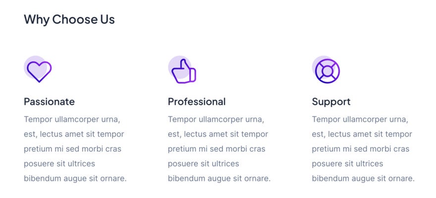 A website section with purple icons - a heart, thumbs up and lifesaver.