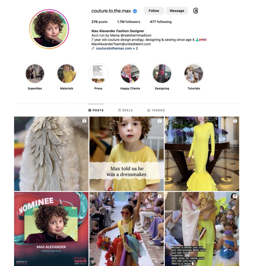 An Instagram page for Couture to the Max, a little boy and his clothing creations.
