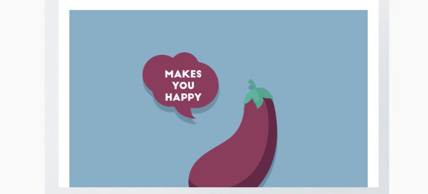 A laptop with an animation of an eggplant encouraging healthy eating for happiness.