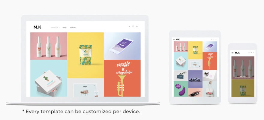 A colorful website optimized onto three devices - a desktop, tablet, and smart phone.