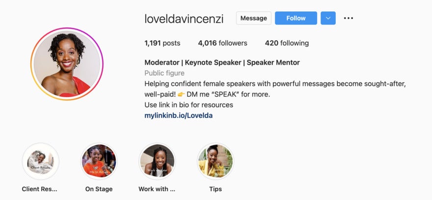 Loveldavincenzi's Instagram page with 4,016 followers and 1,191 posts