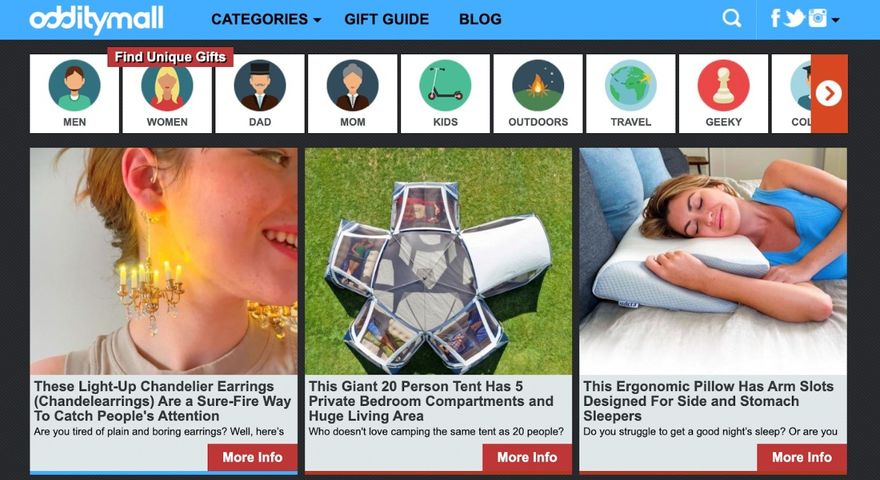 dropshipping store odditymall showing off three products like chandelier ear rings and five pointed bed and a woman sleeping on a pillow