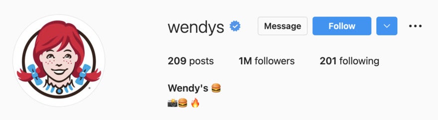 Wendys Instagram with only emojis for burgers and fire in the bio
