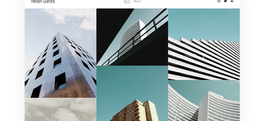 A simple website landing page with a gallery of blue and white images of modern buildings.