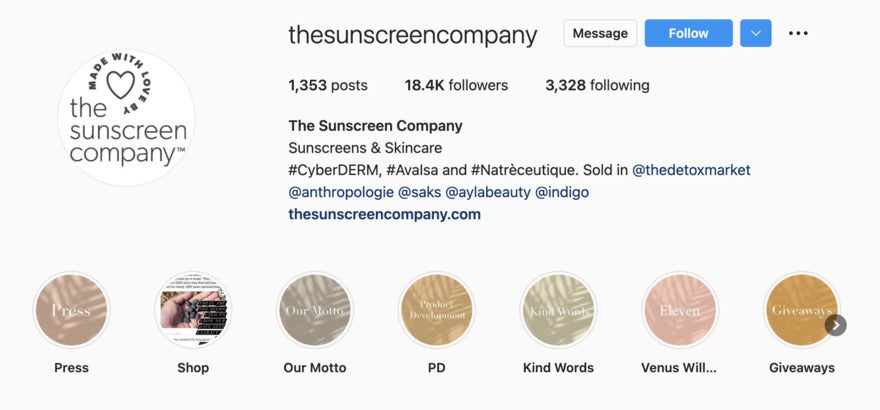 The Sunscreen Company Instagram with hashtags in the bio