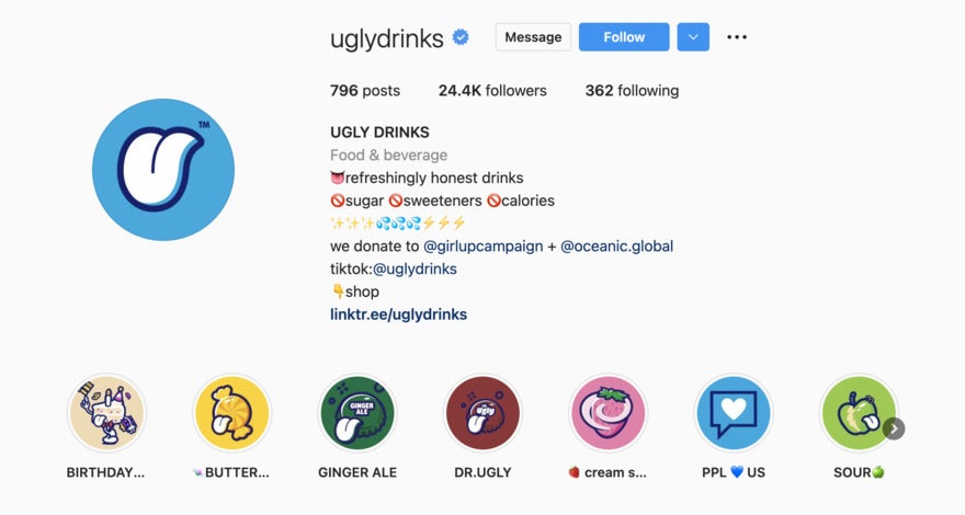 uglydrinks Instagram with link to TikTok and a shop
