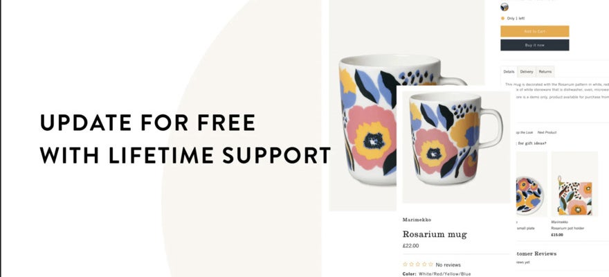 Ceramic artistic mugs and a banner that promises free updates.