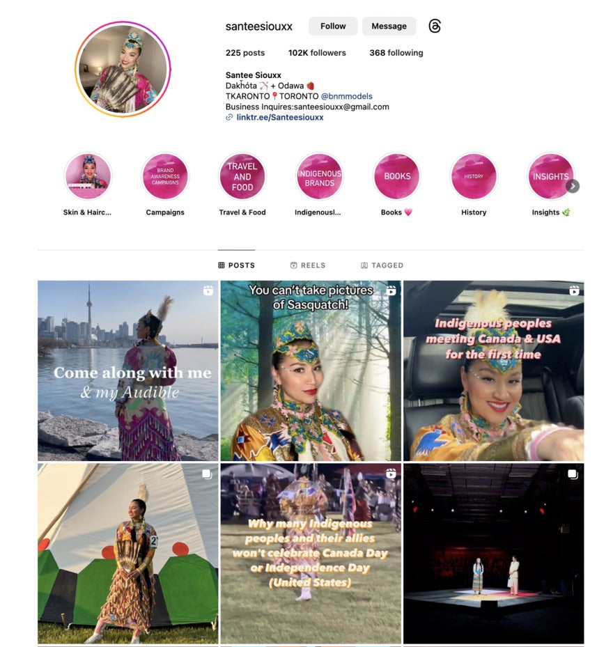 Santee Sioux's Instagram page. It features purple icons and beautiful tiles with photos of her in traditional Sioux costume and feathers.