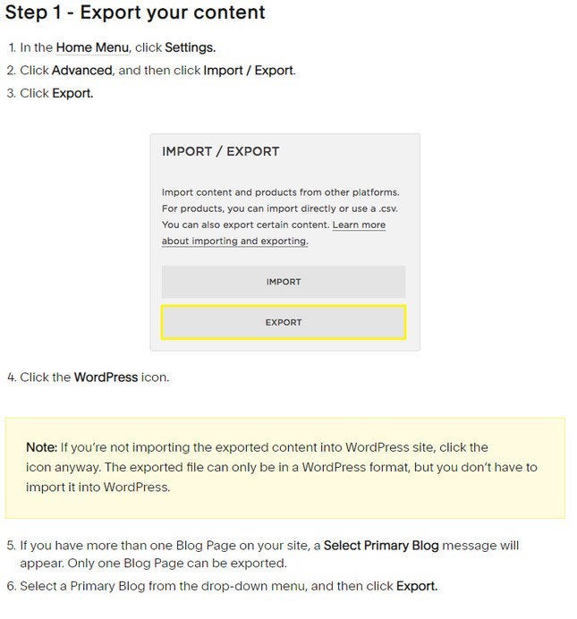 squarespace export guide with important information highlighted in yellow