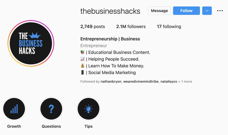 The Business Hacks Instagram with list of what they offer