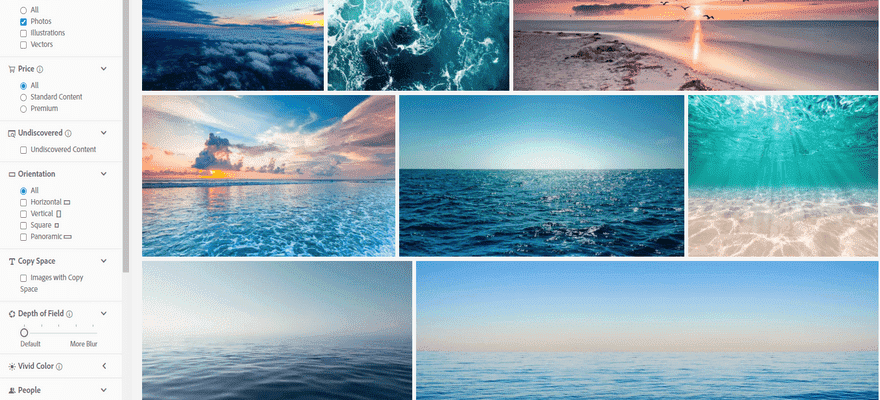 adobe stock sea images search filters
