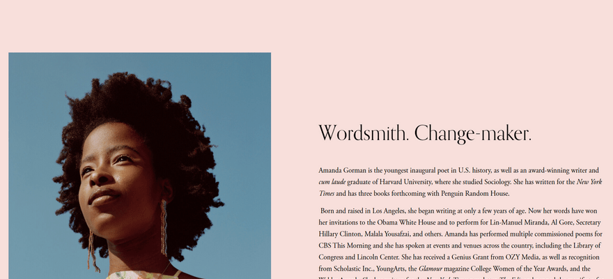 Homepage of Amanda Gorman's Squarespace website, featuring an image of the poet and a bio