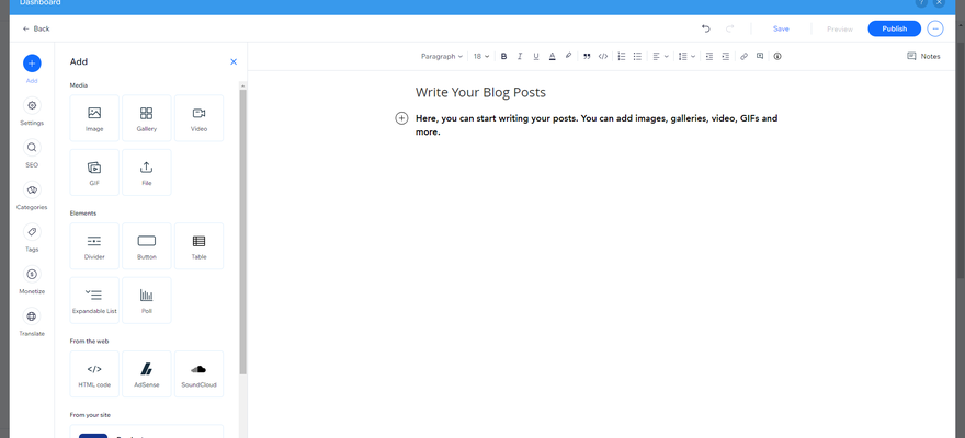 a few lines of a blog post next to a side-menu with various graphics for tools on it