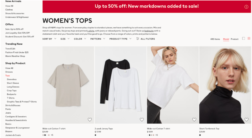 Woment's tops page on an online clothing store.