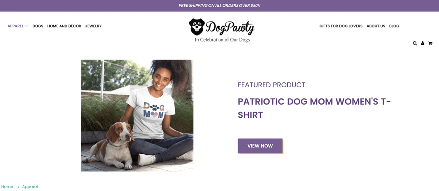 dropshipping store dog pawty showcasing product with model kneeling down to stroke dog