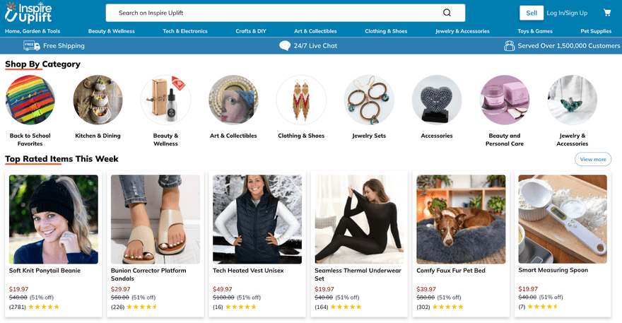 dropshipping store inspire uplift with scroll of products and categories above with search bar at the very top