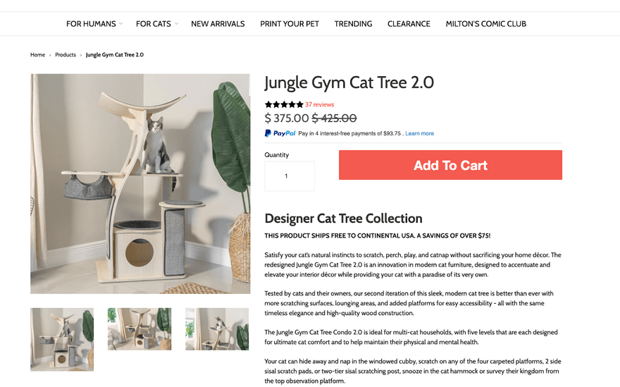 dropshipping store meowingtons showcasing a product page of their cat jungle gym tree