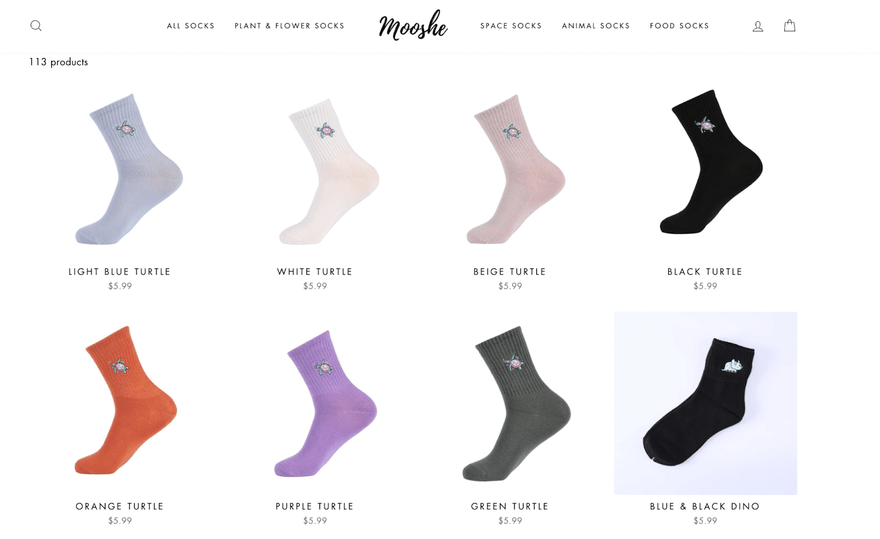 dropshipping store mooshe socks showing two rows of 4 socks in different colours
