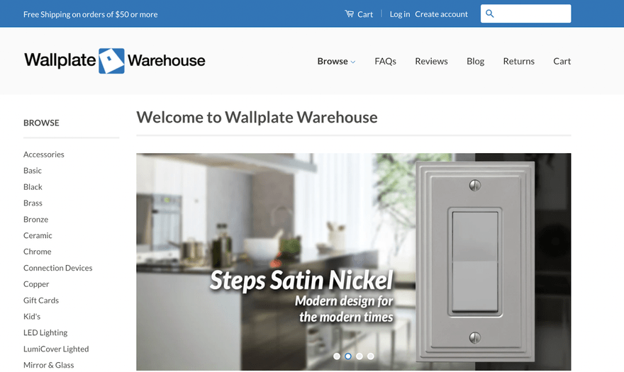dropshipping store wallplate warehouse homepage showcasing a wallplate in Steps Satin Nickel with a out of focus kitchen behind
