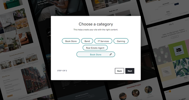 GoDaddy ADI builder, "choose a category" section