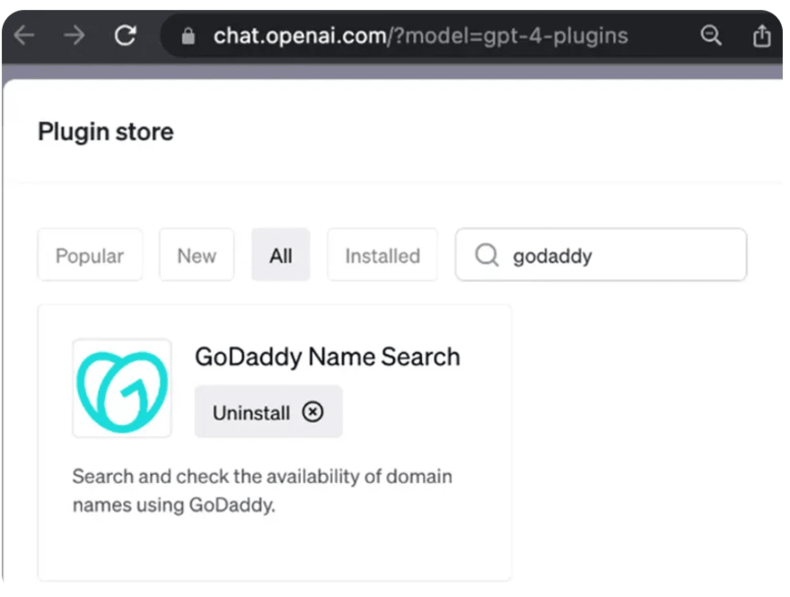The GoDaddy logo next to a name search plugin.