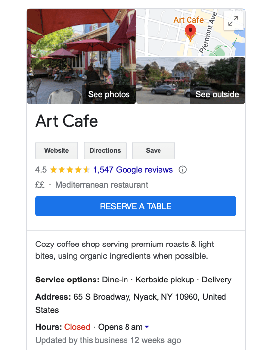 Google My Business profile for a restaurant called Art Cafe