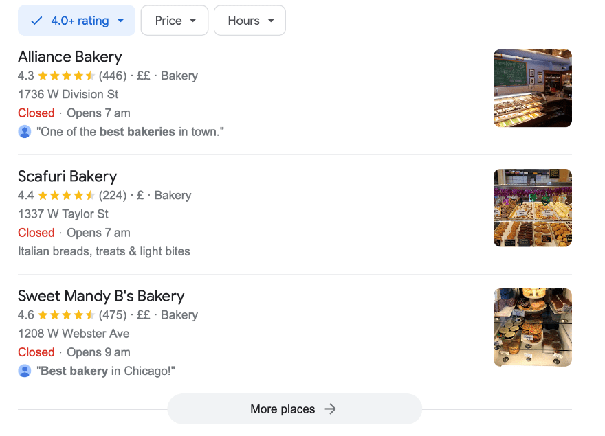 Google result page for Chicago bakeries showing a list of businesses