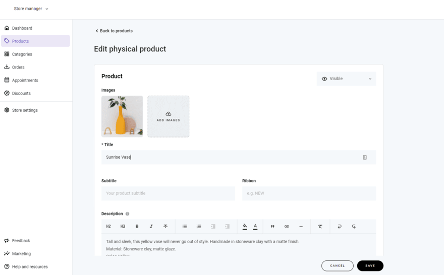 Product page form to add a product to Hostinger demo website
