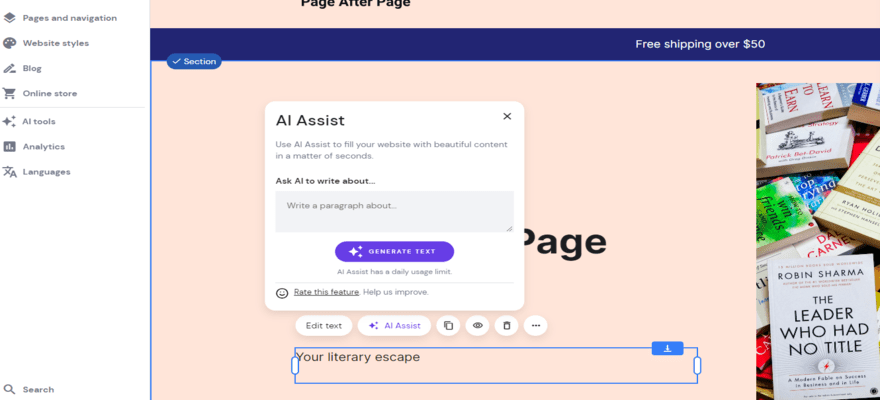 A Hostinger demo website page showing Hostinger's AI assist popping up as you input copy.