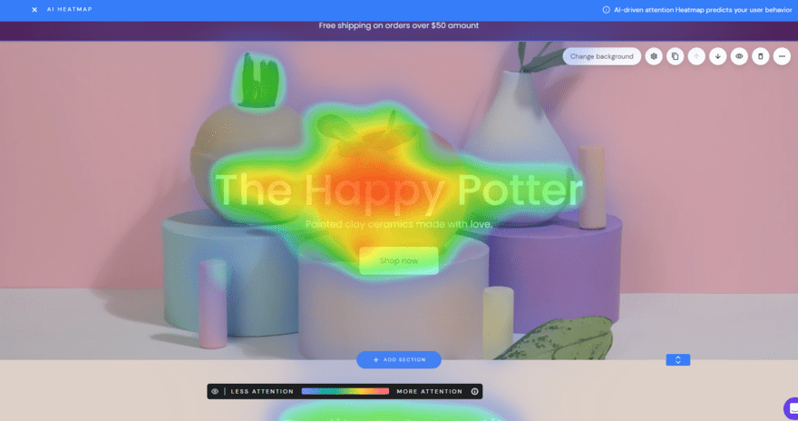 Hostinger's AI heatmap tool in use on a demo website homepage