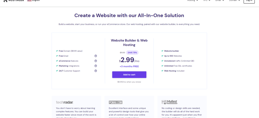 Pricing and list of features for Hostinger's website builder plan