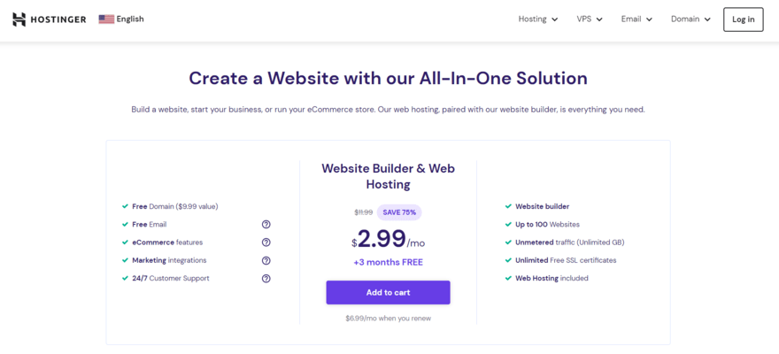 The price of Hostinger's website builder & web hosting plan along with a list of features