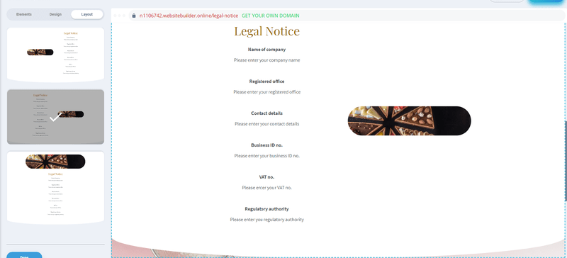 screenshot of a legal notice with side menu presenting different layouts for a new section