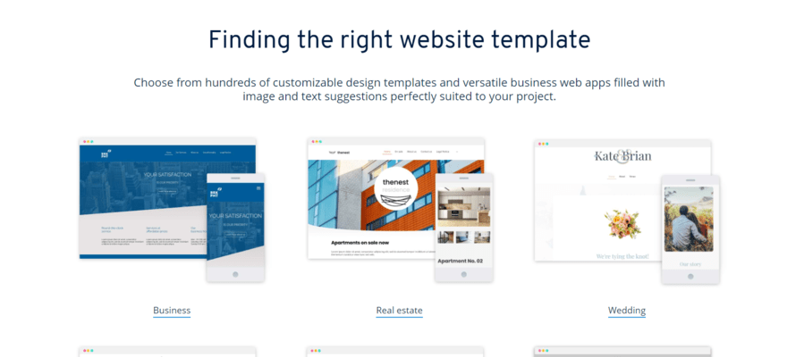 Template library on IONOS showing three templates to select for your website
