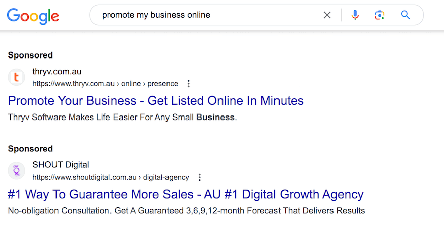 Paid advertising screenshot example Google
