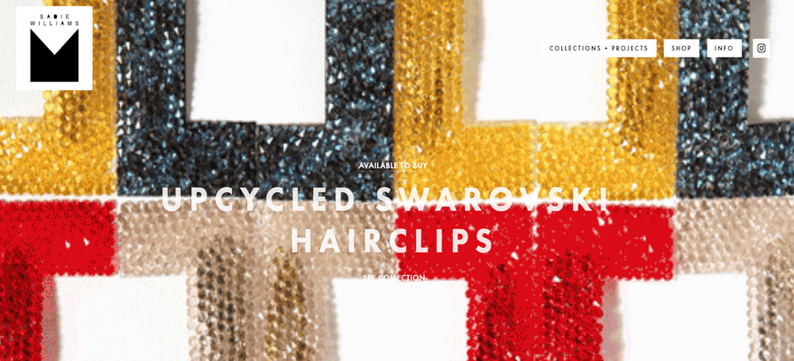 Homepage of Sadie Williams' Squarespace website, featuring the latest hairclips for sale