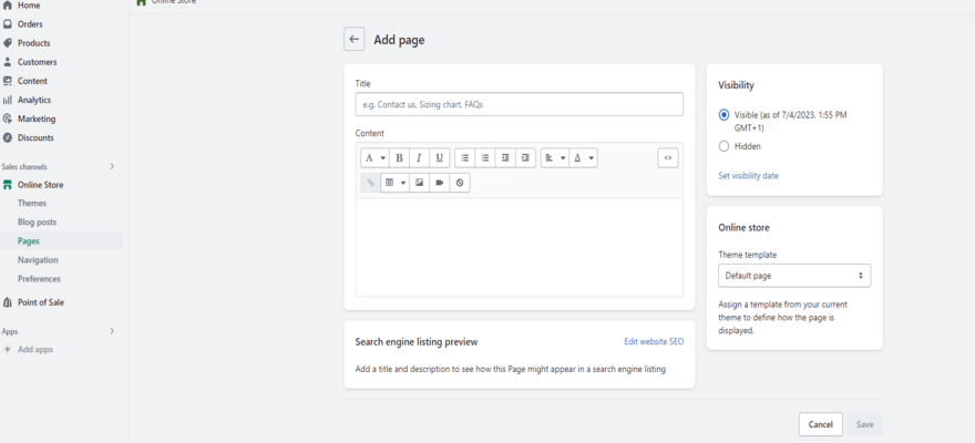 Showing how to add new pages to your website form the Shopify dashboard.