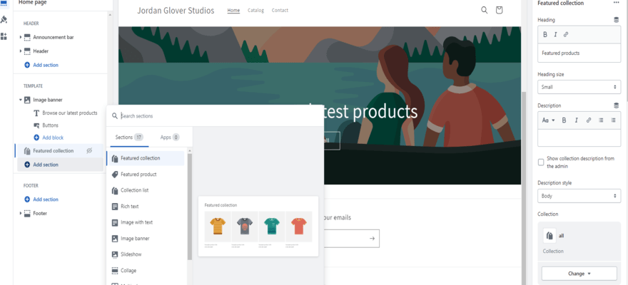 Shopify's frontend editor in action, showing how to add new sections to your website.