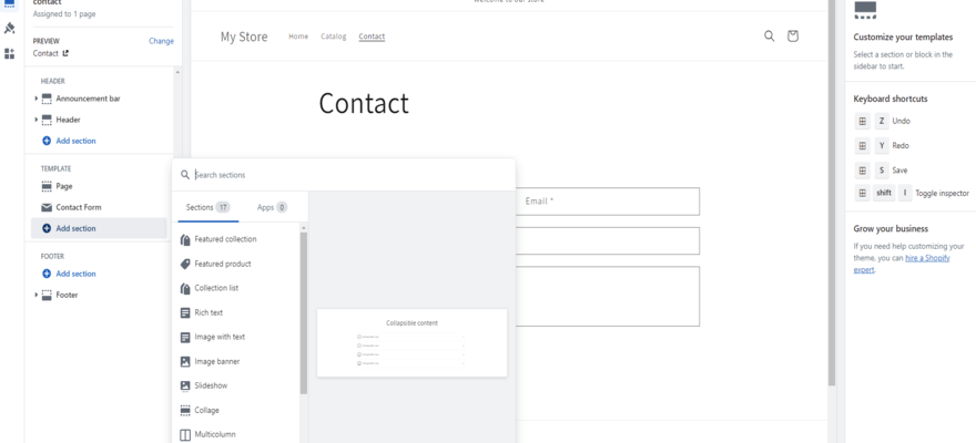 Shopify editor with tool menus open on the left showing sections that can be added to design.