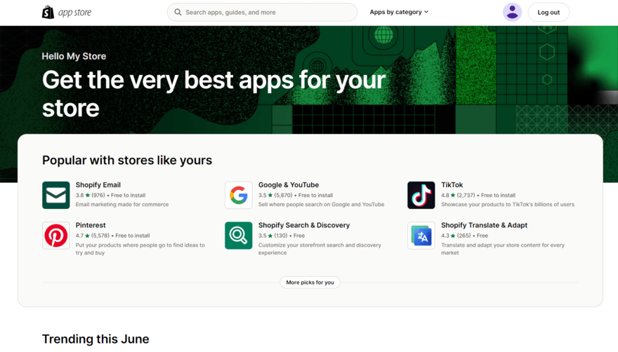 Shopify's app store homepage