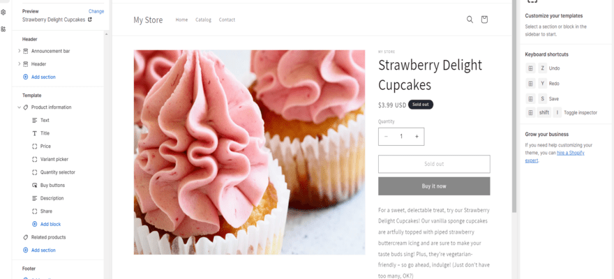 Shopify product page in editor with big image of cupcakes next to a product description and price, with editing menus open on the left and right.