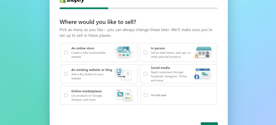Shopify's onboarding questions asking the reader what they'd like to sell and offering a multiple choice answer