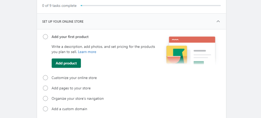 Shopify's setup guide in the website backend