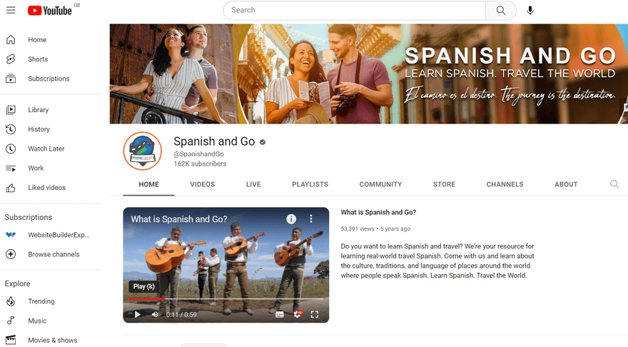 Spanish and Go YouTube channel page with images of the couple together