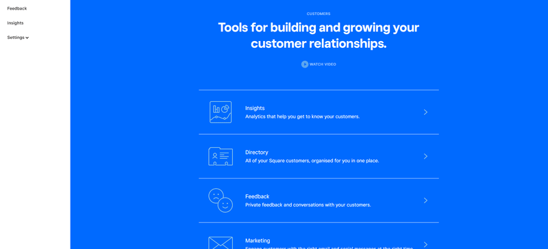 a blue screen with white text detailing customer relation tools