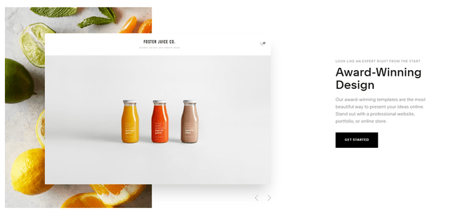squarespace page of award winning design with three bottles of juice