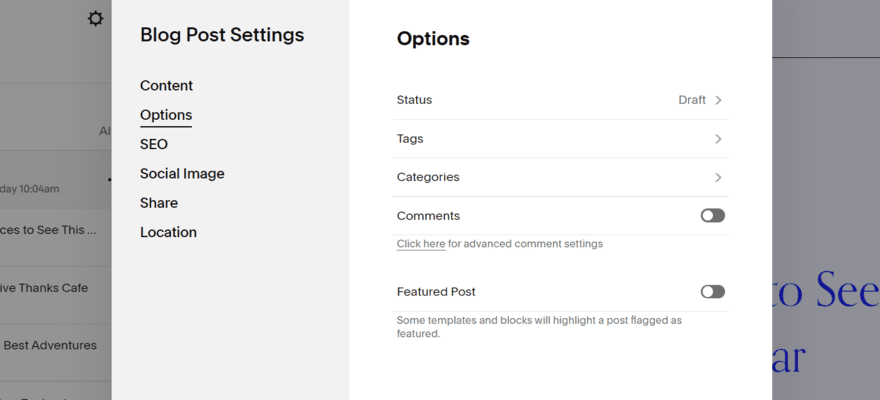 Squarespace's blog post settings, specifically looking at options