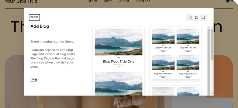 a selection of different blog layouts, each featuring the same image of a lakeside landscape