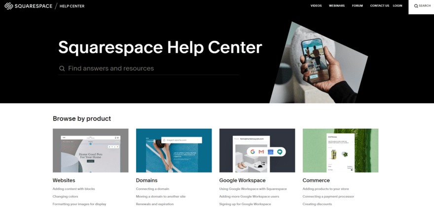 Squarespace's Help Center featuring a search bar and suggested reading categories to help users navigate