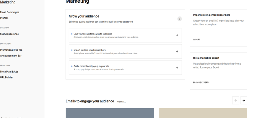 Squarespace dashboard page, showing the marketing options available.